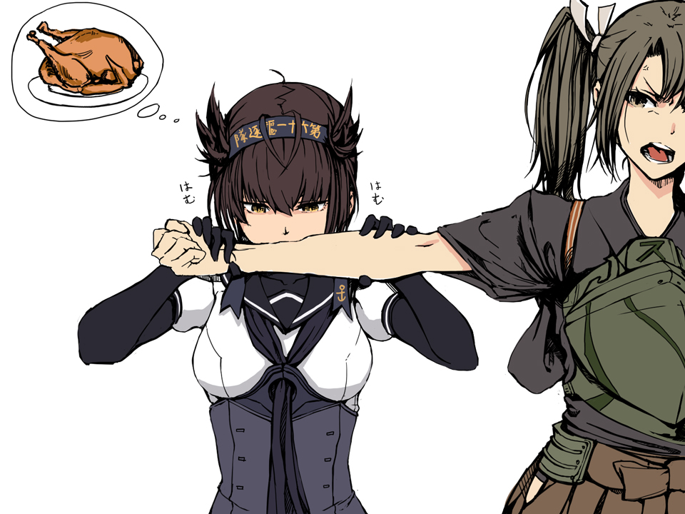 2girls anger_vein bangs biting biting_arm black_bodysuit black_hair black_neckwear bodysuit breasts brown_hakama clothes_writing food green_hair hachimaki hair_between_eyes hair_flaps hair_ribbon hakama hatsuzuki_(kantai_collection) headband hip_vent japanese_clothes kantai_collection kurou_(bcrow) long_hair multiple_girls muneate neckerchief open_mouth ribbon simple_background tasuki turkey turkey_(food) twintails upper_body white_background zuikaku_(kantai_collection)