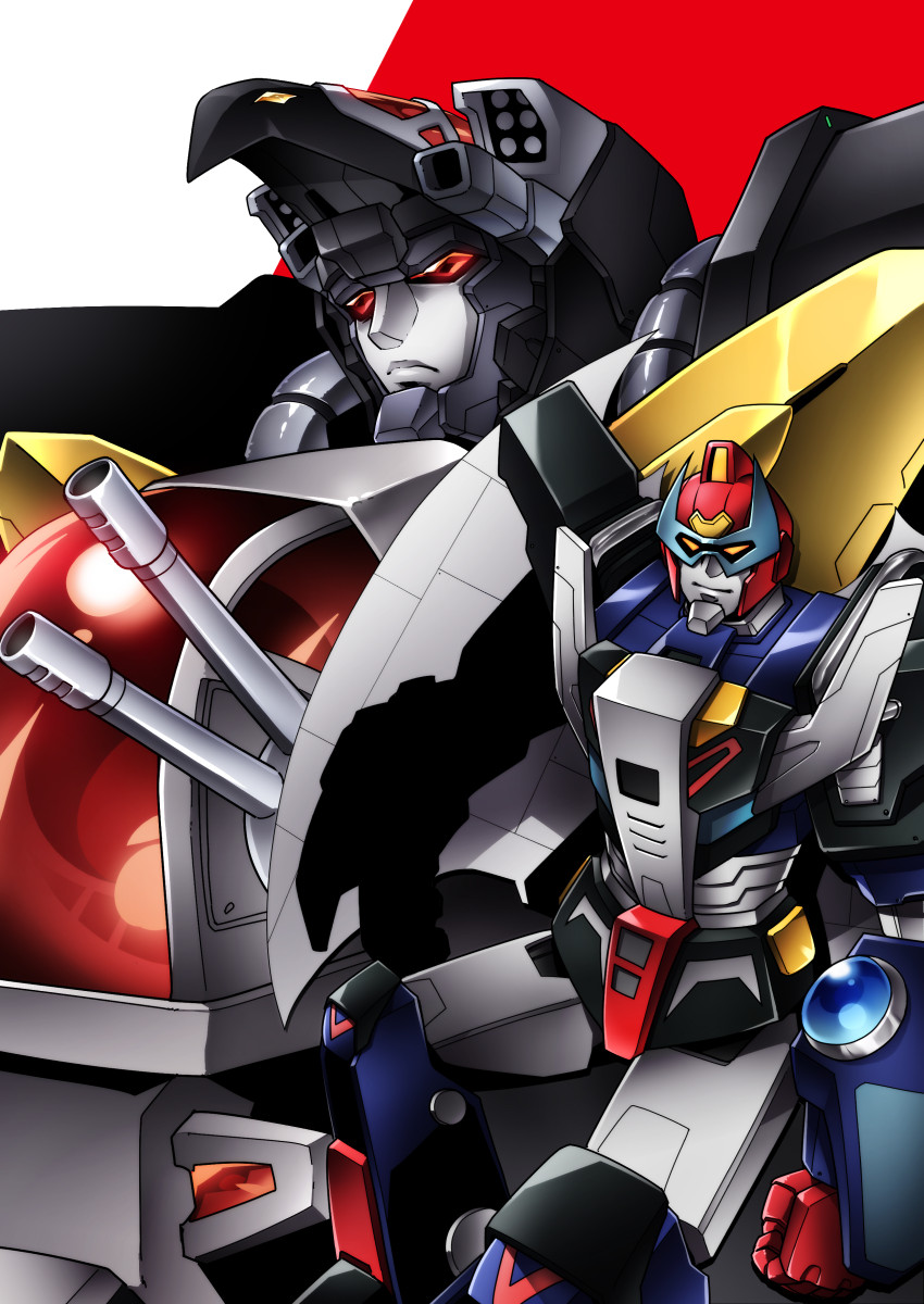 acrobunch choujuu_kishin_dancouga crossover dancouga floating highres light_smile looking_at_viewer looking_up makyou_densetsu_acrobunch mecha red_eyes shapiro size_difference super_robot yellow_eyes