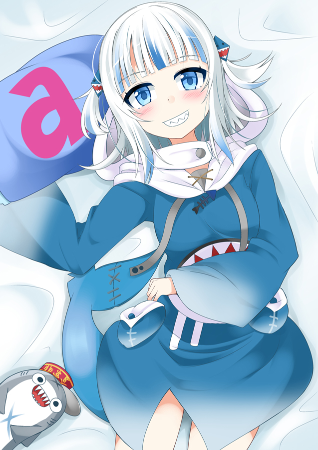 1girl bloop_(gawr_gura) blue_dress blue_eyes blue_hair blush breasts dress gawr_gura grin hair_ornament hairclip hololive hololive_english ichimi looking_at_viewer lying medium_breasts multicolored_hair on_back open_mouth pillow sharp_teeth smile solo teeth virtual_youtuber white_hair