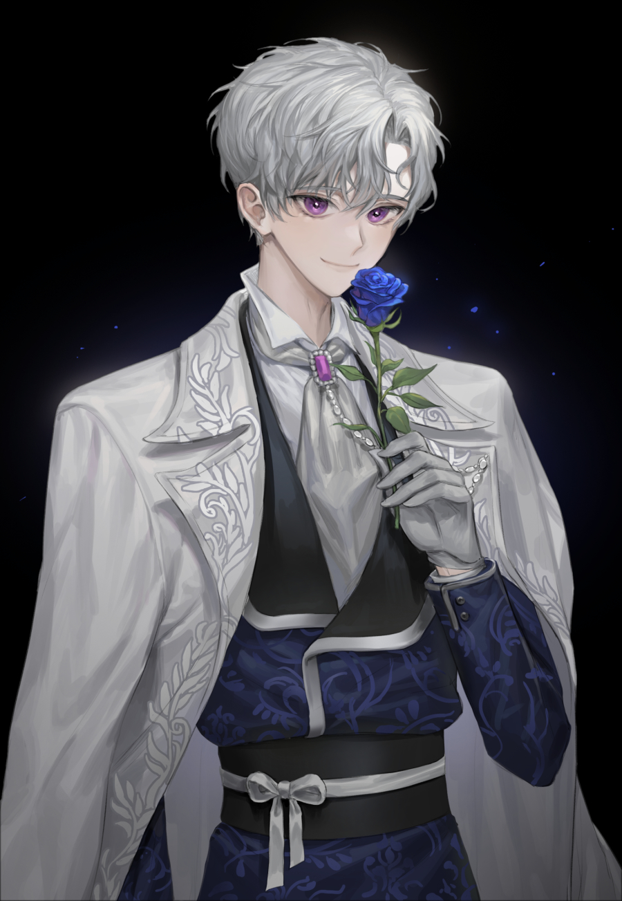 1boy arm_at_side black_background blue_flower blue_rose brooch flower formal gloves grey_neckwear helio_niccolo highres holding holding_flower jewelry male_focus micha rose smile violet_eyes white_gloves white_hair your_throne