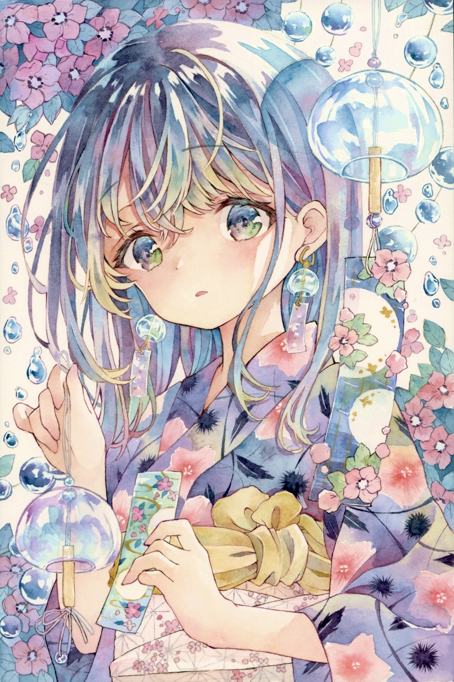 1girl blue_hair earrings floral_print flower highres holding japanese_clothes jewelry kimono leaf long_sleeves open_mouth original red_flower solo traditional_media visible_ears water_drop watercolor_(medium) white_background wide_sleeves wind_chime yukata yukoring