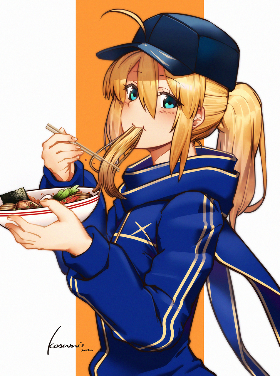 1girl ahoge artoria_pendragon_(all) bangs baseball_cap black_headwear blonde_hair blue_eyes blue_jacket blue_scarf blush bowl chopsticks commentary_request eating eyebrows_visible_through_hair fate/grand_order fate_(series) food hair_between_eyes hair_through_headwear hands_up hat highres holding holding_bowl holding_chopsticks jacket kosumi long_hair long_sleeves looking_at_viewer mysterious_heroine_x noodles orange_background ponytail ramen scarf signature solo two-tone_background white_background