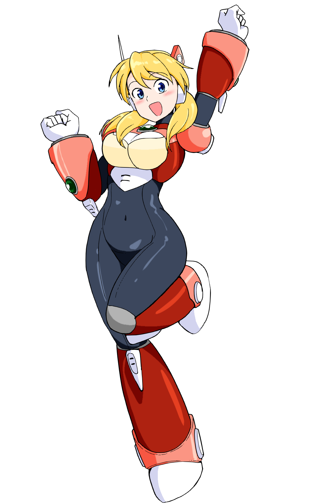 1girl alia_(rockman) android blonde_hair blue_eyes blush breasts covered_navel full_body highres large_breasts long_hair open_mouth robot_ears rockman rockman_x simple_background smile solo white_background