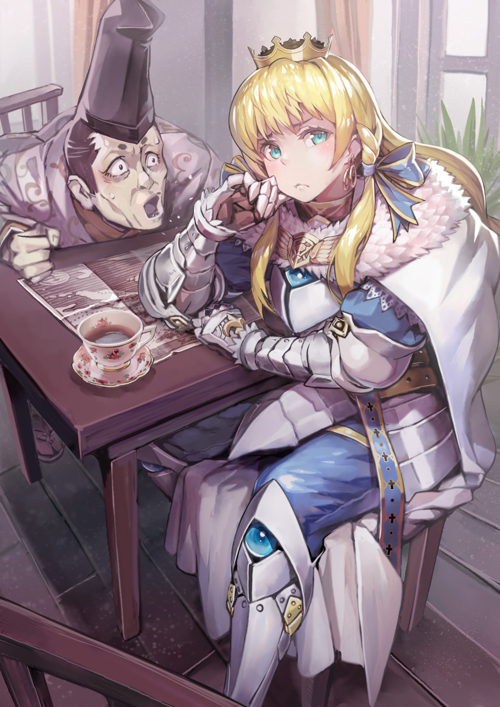 1boy 1girl :o armor blonde_hair blue_bow blue_eyes bow cape character_request clenched_hand copyright_request crown cup frown fur_trim gauntlets greaves hair_bow hand_on_own_cheek hand_on_own_face hat highres indoors japanese_clothes kousaku long_hair sidelocks sitting table tate_eboshi teacup white_cape window wooden_floor