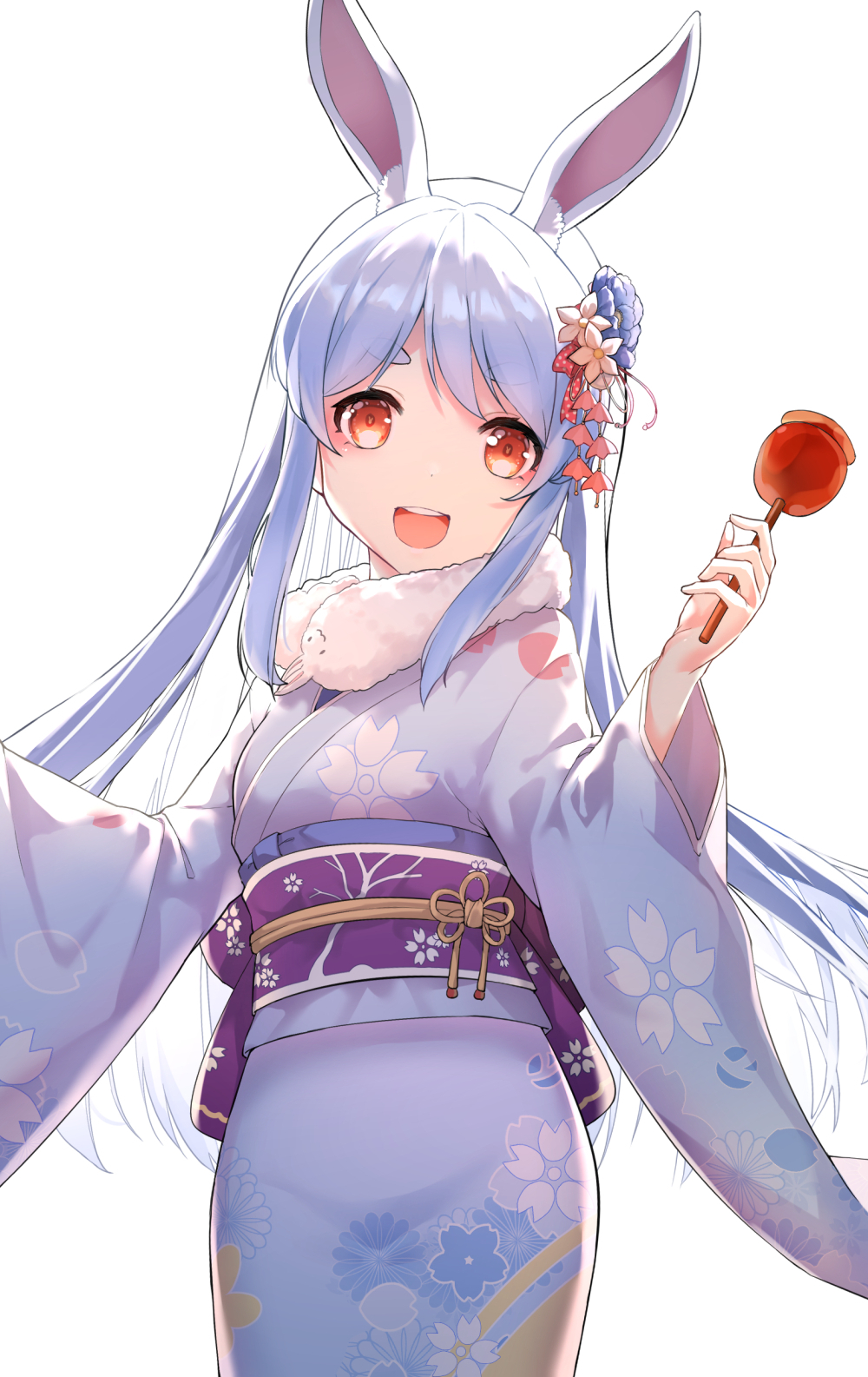 1girl :d alternate_hairstyle animal_ears bangs blue_hair breasts cowboy_shot don-chan_(usada_pekora) eyebrows_visible_through_hair floral_print flower food hair_flower hair_ornament highres holding holding_food hololive japanese_clothes kimono long_hair long_sleeves looking_at_viewer obi open_mouth parted_bangs rabbit_ears sash simple_background small_breasts smile snozaki solo standing upper_teeth usada_pekora very_long_hair virtual_youtuber white_background wide_sleeves