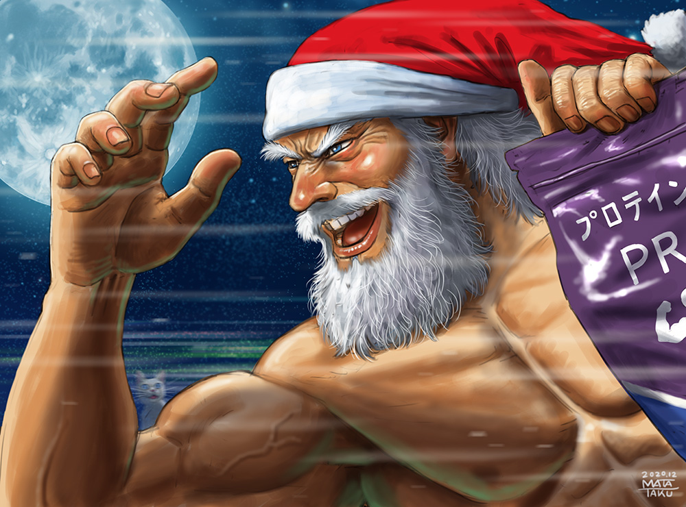 1boy :d abs artist_name beard biceps big_nose blush bobblehat christmas dated facial_hair fingernails full_moon fur-trimmed_headwear hat holding male_focus matataku moon muscular muscular_male night night_sky nipples old old_man open_mouth original pectorals red_headwear santa_claus santa_hat sky smile solo speed_lines star_(sky) starry_sky surprised_cat_(matataku) teeth thick_eyebrows translation_request upper_body v-shaped_eyebrows veins