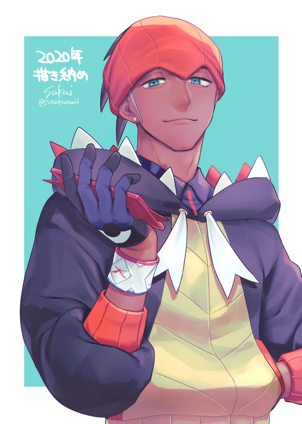 1boy artist_name black_hoodie brown_hair closed_mouth commentary_request dark_skin dark_skinned_male dated dynamax_band earrings gen_4_pokemon gloves green_eyes gym_leader half-closed_eyes hand_in_pocket hand_up highres hood hoodie jewelry looking_at_viewer male_focus orange_headwear pokemon pokemon_(game) pokemon_swsh raihan_(pokemon) rotom rotom_phone sakai_(motomei) smile