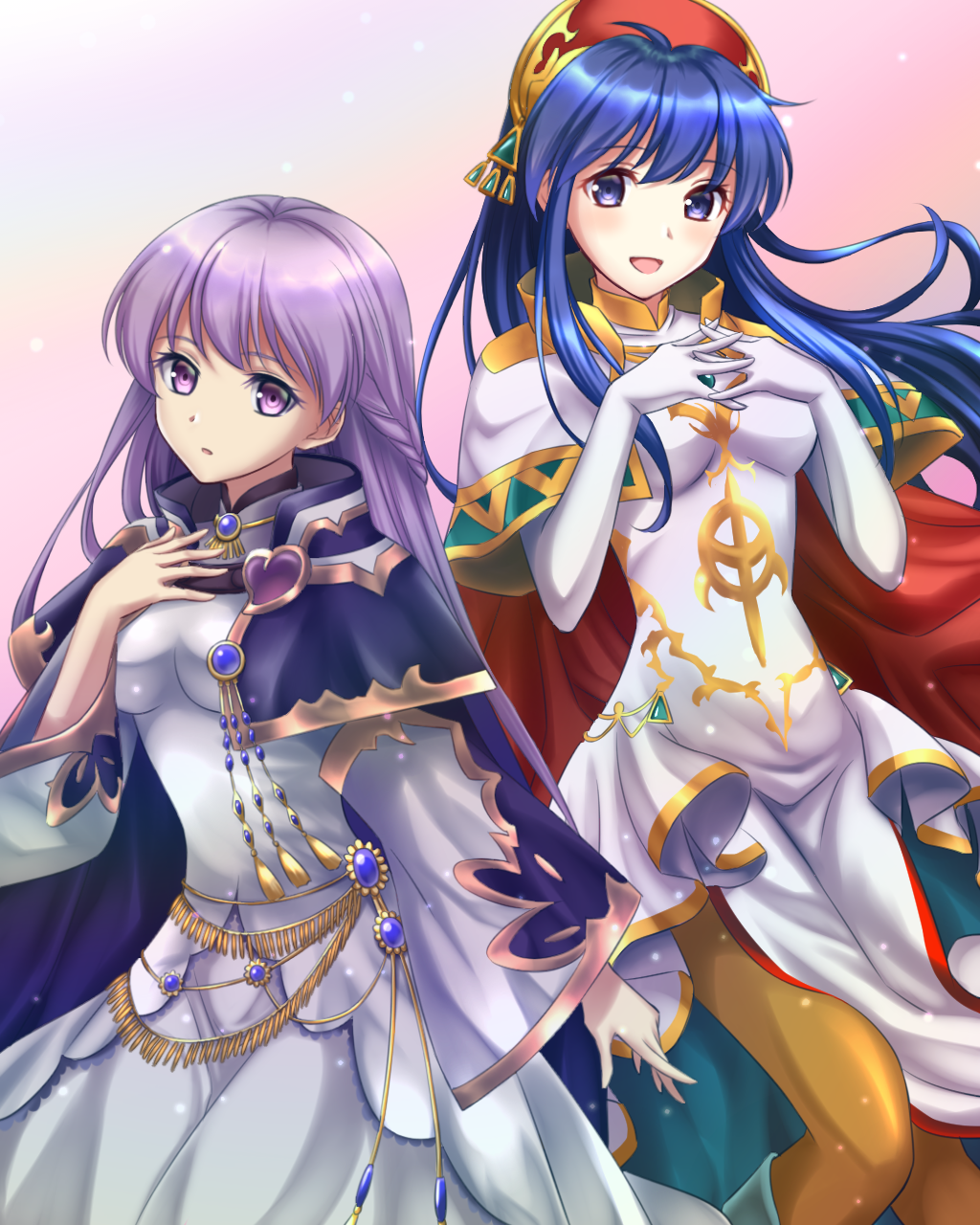 2girls :d belly_chain blue_dress cloak dress elbow_gloves expressionless fire_emblem fire_emblem:_the_binding_blade gloves hand_on_own_chest highres interlocked_fingers jewelry kakiko210 lavender_dress light_particles lilina_(fire_emblem) long_hair long_sleeves looking_at_viewer multiple_girls open_mouth purple_cloak purple_hair simple_background smile sophia_(fire_emblem) turtleneck_dress very_long_hair violet_eyes white_dress white_gloves