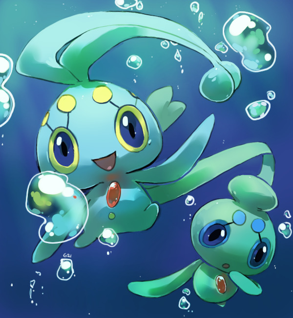 :d :o air_bubble blue_eyes blue_theme bubble commentary creature english_commentary full_body gen_4_pokemon happy looking_at_viewer manaphy mythical_pokemon no_humans open_mouth phione pinkgermy pokemon pokemon_(creature) signature smile underwater water