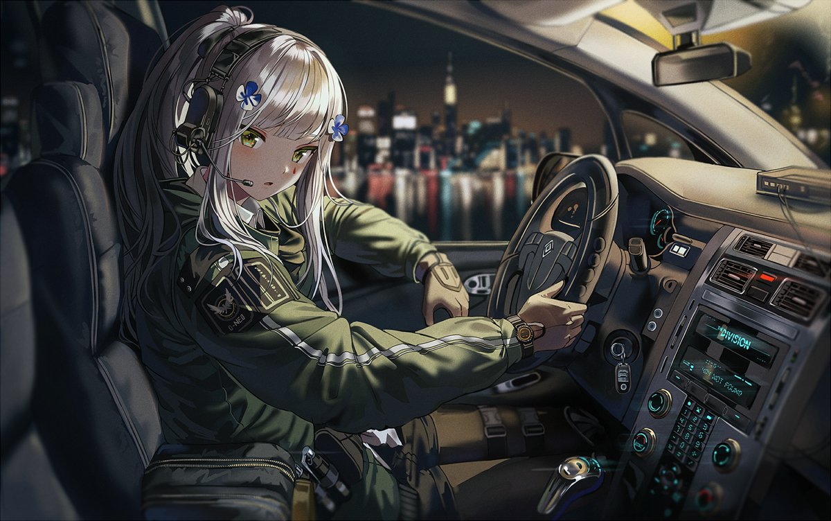 1girl agent_416_(girls_frontline) bangs black_legwear building car_interior car_keys car_seat driving facial_mark girls_frontline gloves green_eyes green_jacket hair_ornament headphones headset hk416_(girls_frontline) jacket keypad long_hair long_sleeves night pantyhose ponytail rear-view_mirror reflection sidelocks silence_girl silver_hair sitting skyline skyscraper solo steering_wheel teardrop thigh_strap tom_clancy's_the_division water