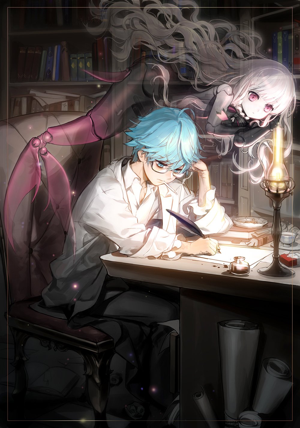 1boy 1girl ashtray bags_under_eyes blue_eyes blue_hair body_markings book bookshelf chair cigarette cigarette_box cigarette_butt cup doll_joints fate_(series) floating hans_christian_andersen_(fate) highres ink ink_stain inkwell joints lamp long_hair mermaid monster_girl nonockha nursery_rhyme_(fate/extra) pink_eyes quill sitting smoking symbol_commentary teacup transparent very_long_hair white_hair writing