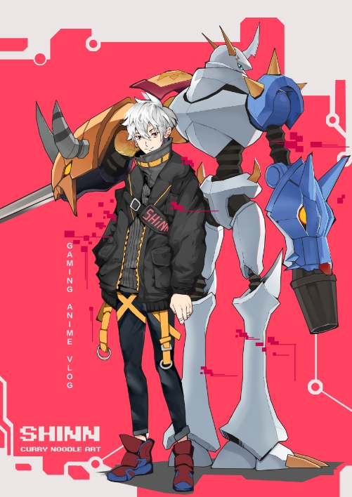 1boy back back-to-back black_eyes black_jacket blade character_request closed_mouth digimon earrings english_text glint hair_between_eyes hand_in_pocket jacket jewelry looking_back male_focus omegamon open_clothes open_jacket red_footwear ring smile standing weapon white_eyes yeo_yee_heng zipper