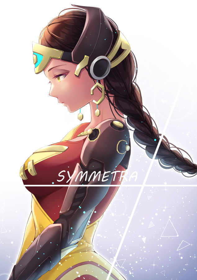 1girl alternate_hairstyle braid breasts brown_hair character_name chitetan commentary_request cyborg dark_skin dark-skinned_female dress earrings forehead_protector from_side green_eyes headgear hoop_earrings indian jewelry lips long_hair marammat_symmetra mechanical_arm medium_breasts nose official_alternate_costume overwatch red_dress single_braid solo standing symmetra_(overwatch) v_arms