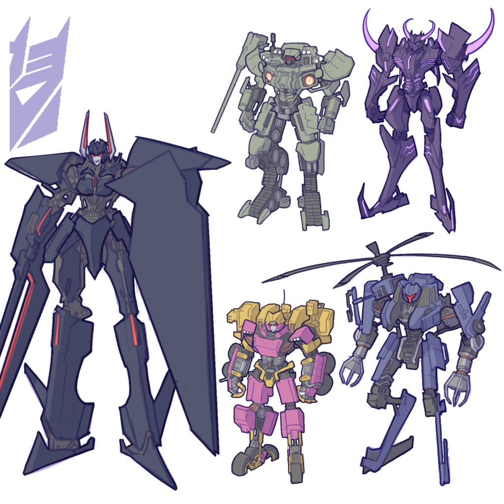 1girl 4boys beast_machines blackshadow bludgeon claws clenched_hands decepticon english_commentary galvatron genderswap genderswap_(mtf) holding holding_sword holding_weapon insignia mecha multiple_boys no_humans obsidian_(transformers) propeller red_eyes redesign standing strika sword theamazingspino transformers violet_eyes weapon