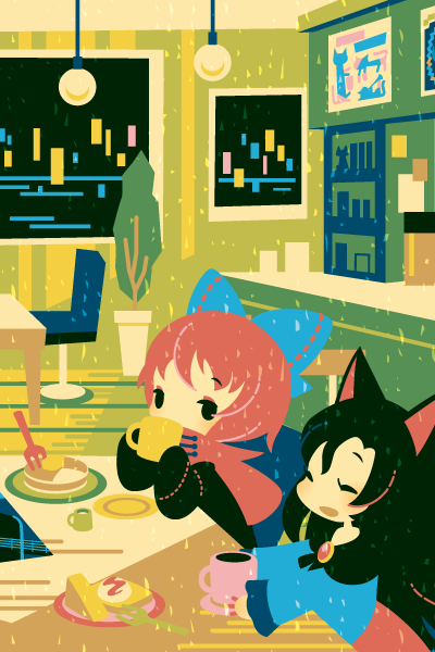 2girls animal_ears animal_print black_dress black_eyes blue_bow blue_dress blush bow brooch brown_hair cake cake_slice capelet cat_print chair closed_eyes cup dress drinking eyebrows_visible_through_hair food fork hair_bow holding holding_cup imaizumi_kagerou jewelry long_hair looking_at_another mug multiple_girls open_mouth pancake plant plate potted_plant red_capelet redhead sekibanki shinonoko sitting table touhou wolf_ears