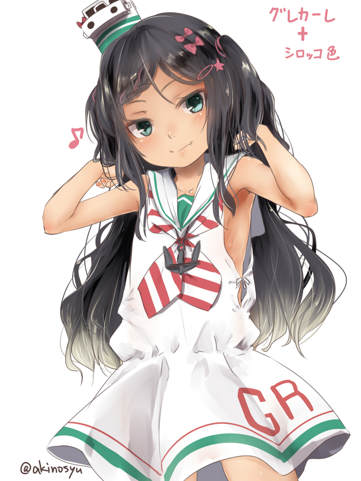 1girl akino_shuu bangs black_hair bow closed_mouth commentary_request diagonal-striped_neckwear diagonal_stripes dress eighth_note fang fang_out grecale_(kantai_collection) green_eyes hair_bow hands_in_hair hands_up hat head_tilt kantai_collection long_hair mini_hat musical_note neckerchief pink_bow pleated_dress sailor_collar sailor_dress simple_background sleeveless sleeveless_dress smile solo striped striped_neckwear translation_request two_side_up very_long_hair white_background white_dress white_headwear white_sailor_collar