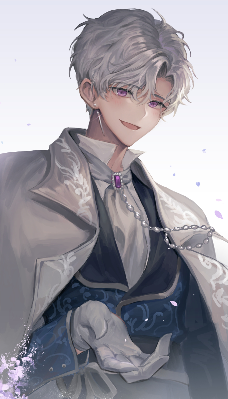 1boy :d bangs brooch earrings gloves grey_hair grey_neckwear helio_niccolo highres jewelry looking_at_viewer male_focus micha open_mouth short_hair simple_background smile upper_body violet_eyes white_background white_gloves your_throne