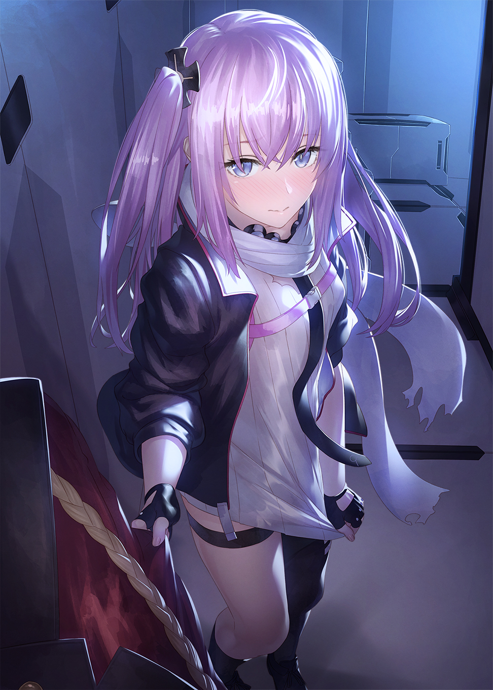 1girl black_footwear black_gloves black_jacket blush breasts closet commission embarrassed fingerless_gloves girls_frontline gloves hair_ornament highres holding_another ibuki_notsu jacket long_hair looking_at_viewer pink_hair ribbed_shirt scarf shirt shoes single_thighhigh skeb_commission small_breasts solo st_ar-15_(girls_frontline) thigh-highs thigh_strap twintails violet_eyes