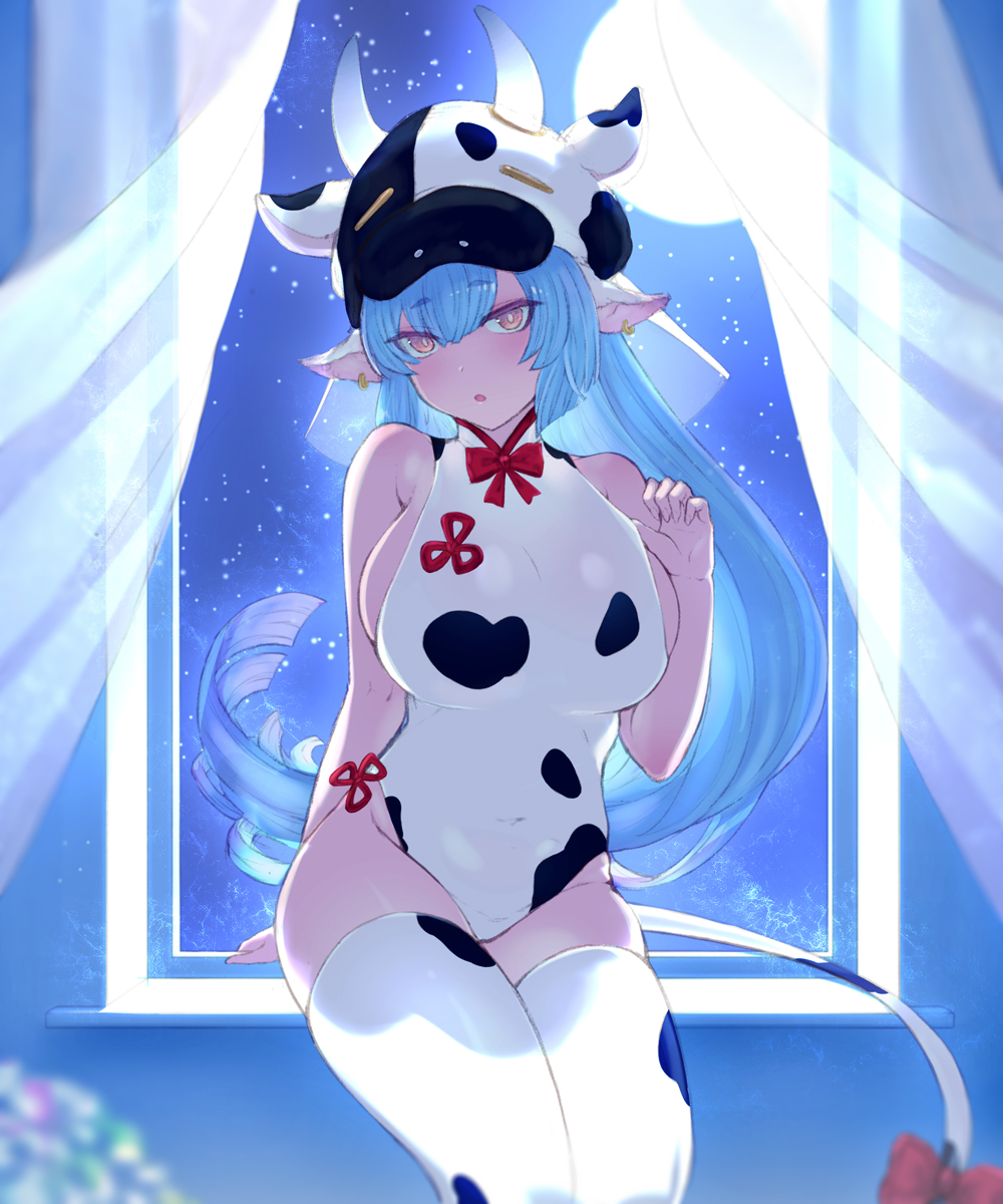 1girl animal_ears animal_print bangs bare_shoulders blue_hair blush breasts cow_ears cow_girl cow_hat cow_horns cow_print cow_tail curtains draph ear_piercing full_moon granblue_fantasy highres horns large_breasts leotard long_hair looking_at_viewer moon night night_sky open_mouth piercing pointy_ears shatola_(granblue_fantasy) shousumi_(ljayxh) sitting sky tail thigh-highs thighs white_legwear white_leotard window yellow_eyes