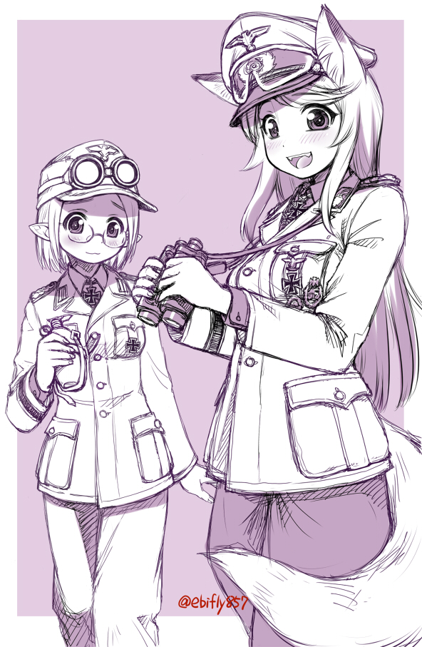 2girls :3 :d animal_ears aquila_(symbol) binoculars blush border canteen closed_mouth dot_nose ebifly fangs glasses goggles goggles_on_headwear hat holding holding_binoculars iron_cross long_hair long_sleeves looking_at_viewer medium_hair military military_hat military_jacket military_uniform monochrome multiple_girls open_mouth original outside_border pants peaked_cap pointy_ears purple_background purple_theme round_eyewear simple_background smile tail twitter_username uniform white_border