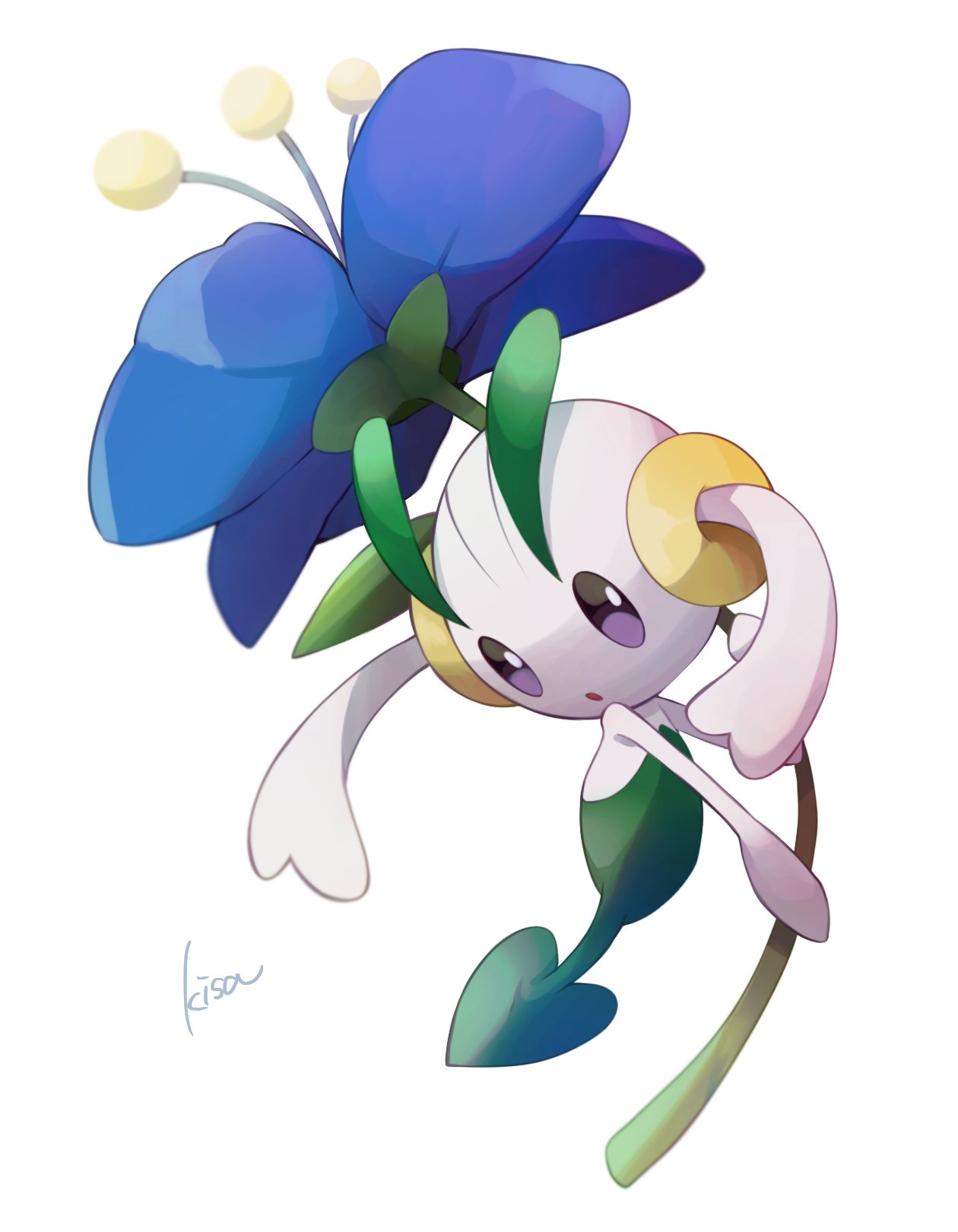 :o blue_flower commentary_request creature floette floette_(blue) flower full_body gen_6_pokemon highres holding holding_flower kisa_(kisa-kisa5900) no_humans pokemon pokemon_(creature) signature solo violet_eyes white_background