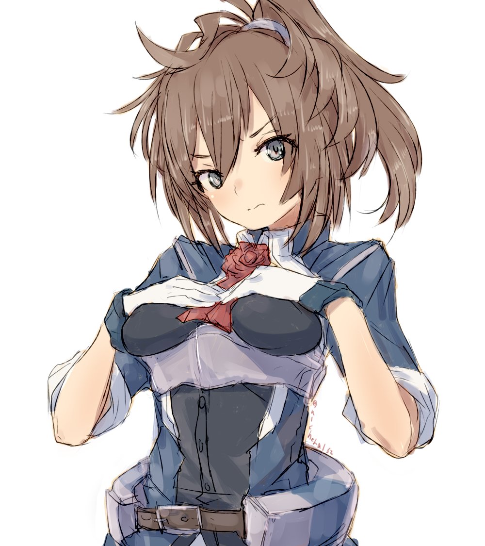 1girl alchera ascot blue_eyes brown_hair flower gloves hair_between_eyes hands_on_own_chest kantai_collection long_hair looking_at_viewer military military_uniform ponytail red_flower red_neckwear red_rose rose sheffield_(kantai_collection) simple_background solo uniform upper_body white_background white_gloves