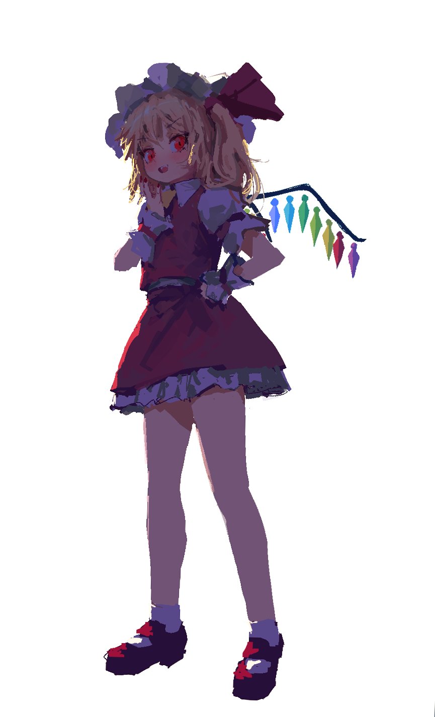 &gt;:) 1girl ascot blonde_hair collared_shirt crystal fangs flandre_scarlet frilled_skirt frills full_body hair_ribbon hand_on_hip hand_on_own_face hat highres looking_at_viewer mary_janes mob_cap nail_polish one_side_up open_mouth ponytail puffy_short_sleeves puffy_sleeves red_eyes red_footwear red_nails red_ribbon red_skirt red_vest reddizen ribbon shadow shirt shoes short_hair short_sleeves side_ponytail simple_background skirt skirt_set smile solo standing tied_hair touhou upper_teeth vest white_background white_headwear white_legwear white_shirt wing_collar wings wrist_cuffs yellow_neckwear