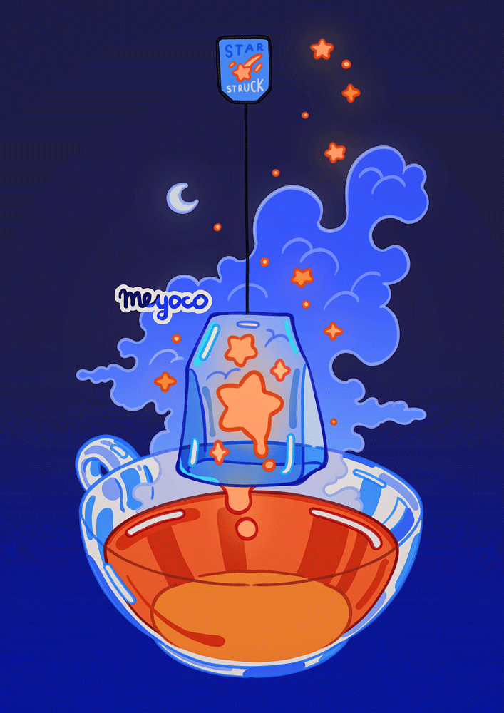 artist_name black_background blue_background crescent_moon cup dripping english_text gradient gradient_background meyoco moon no_humans original see-through star_(symbol) steam teabag teacup