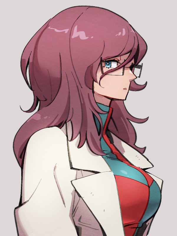 1girl android_21 black-framed_eyewear blue_eyes breasts checkered checkered_dress dragon_ball dragon_ball_fighterz dress glasses grey_background hair_between_eyes kemachiku labcoat large_breasts long_hair redhead simple_background solo upper_body