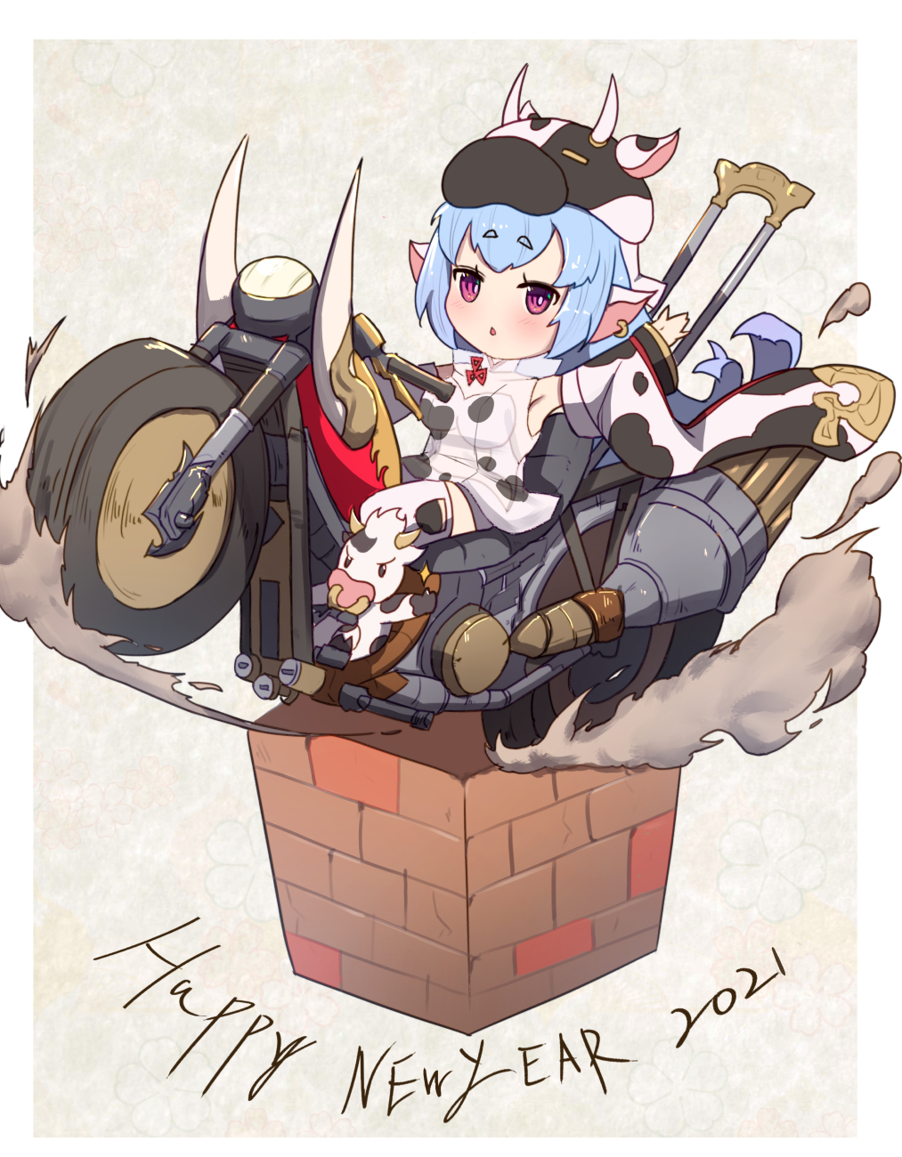 1girl 2021 animal_print bangs blue_hair blush commentary_request cow_hat cow_print detached_sleeves dress eyebrows_visible_through_hair gradient_hair granblue_fantasy ground_vehicle hand_up happy_new_year highres long_hair long_sleeves motor_vehicle motorcycle multicolored_hair new_year parted_lips print_dress purple_hair shatola_(granblue_fantasy) short_eyebrows sleeveless sleeveless_dress smoke solo thick_eyebrows thigh-highs uneg very_long_hair violet_eyes white_dress white_legwear white_sleeves wide_sleeves