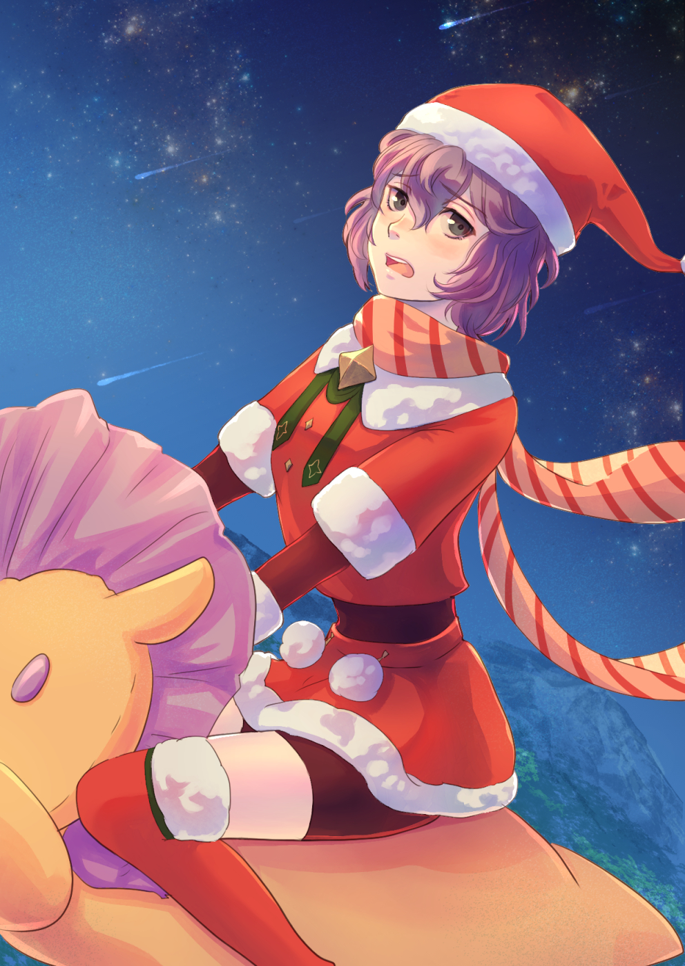 bernadetta_von_varley bike_shorts blush boots commentary_request eyebrows_visible_through_hair fire_emblem fire_emblem:_three_houses fire_emblem_heroes flying grey_eyes hat highres night night_sky open_mouth pom_pom_(clothes) purple_hair riou_(pooh920) santa_costume santa_dress santa_hat scarf shooting_star short_hair sky striped striped_scarf thigh-highs thigh_boots