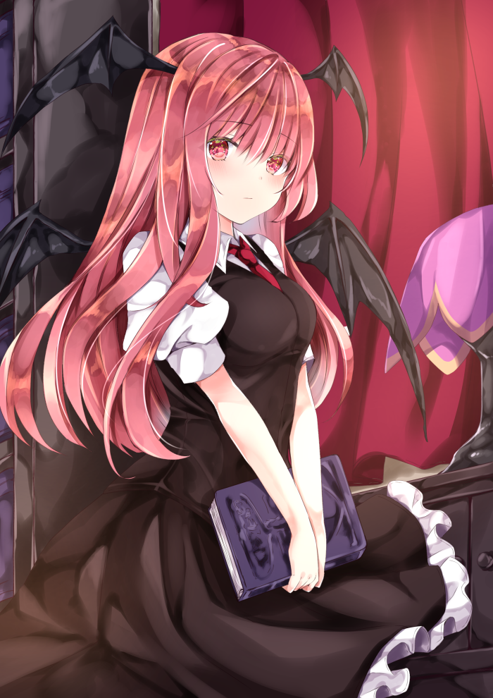 1girl bangs bat_wings black_skirt black_vest blush book breasts closed_mouth collared_shirt drawer eyebrows_visible_through_hair feet_out_of_frame hair_between_eyes head_wings holding holding_book imp indoors koakuma lamp long_hair looking_at_viewer medium_breasts nanase_nao necktie petticoat puffy_short_sleeves puffy_sleeves red_curtains red_eyes red_neckwear redhead shirt short_sleeves skirt skirt_set solo standing touhou v_arms vest white_shirt wings