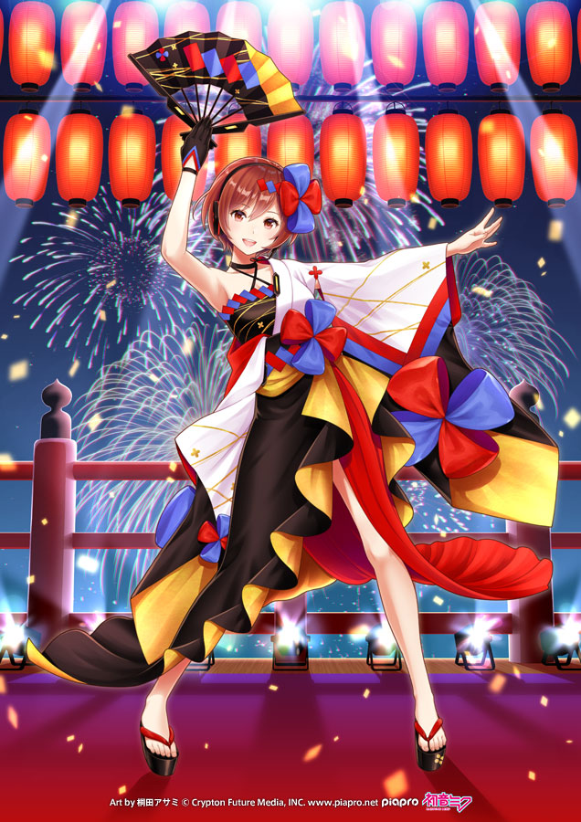 1girl aerial_fireworks arm_up asami_(undoundo) black_dress black_gloves blue_bow bow brown_eyes brown_hair commentary criss-cross_halter crypton_future_media dress fan fireworks folding_fan full_body gloves hair_bow halterneck headphones holding holding_fan lantern looking_at_viewer magical_mirai_(vocaloid) meiko night official_art open_mouth piapro red_bow short_hair single_glove single_sleeve smile solo spotlight standing two-tone_bow vocaloid wide_sleeves zouri