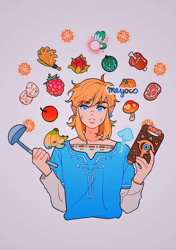 1boy apple artist_name banana bangs blonde_hair blue_eyes cropped_torso earrings egg fairy fairy_wings food fruit jewelry ladle link long_sleeves meat medium_hair meyoco mushroom pointy_ears pumpkin short_over_long_sleeves short_sleeves simple_background solo the_legend_of_zelda the_legend_of_zelda:_breath_of_the_wild upper_body wheat white_background wings