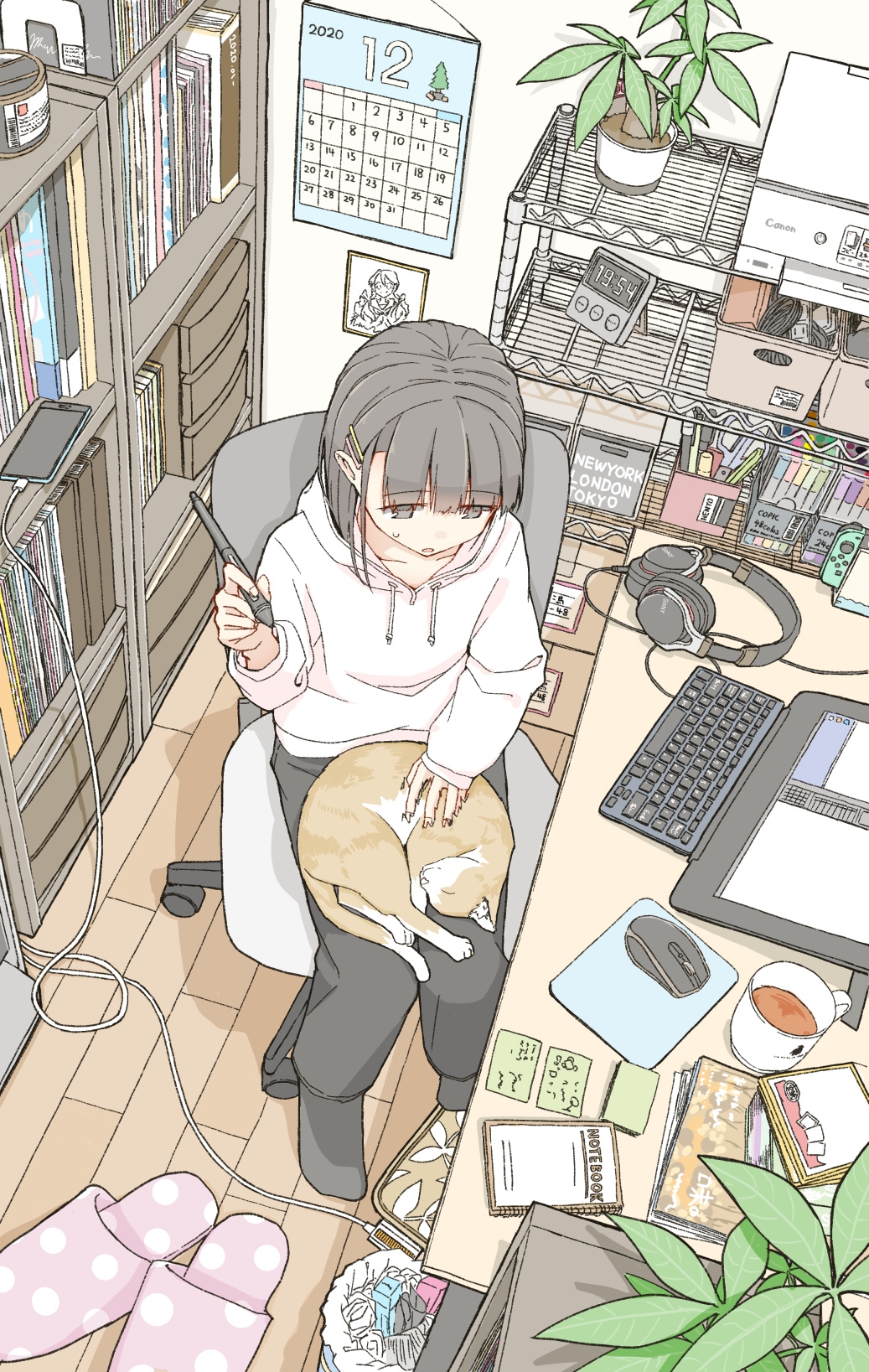 1girl :o animal animal_on_lap bangs black_hair black_legwear black_pants book bookshelf calendar_(object) cat chair clock commentary_request cup digital_clock drawing_tablet drawstring eyebrows_visible_through_hair from_above grey_eyes hair_ornament hairclip headphones headphones_removed highres holding holding_stylus hood hood_down hoodie indoors keyboard_(computer) long_sleeves mouse_(computer) mousepad_(object) mug no_shoes office_chair on_chair original pants parted_lips pink_footwear plant polka_dot polka_dot_footwear potted_plant shelf sitting sleeves_past_wrists slippers socks solo stylus sweat usui_harusame white_hoodie wooden_floor