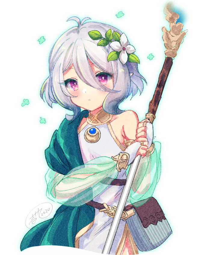 1girl :o antenna_hair bangs bare_shoulders blush bridal_gauntlets detached_sleeves dress eyebrows_visible_through_hair flower grey_hair hair_between_eyes hair_flower hair_ornament holding holding_spear holding_weapon ittokyu kokkoro_(princess_connect!) long_sleeves looking_at_viewer parted_lips pointy_ears polearm princess_connect! princess_connect!_re:dive puffy_long_sleeves puffy_sleeves see-through see-through_sleeves signature simple_background sleeveless sleeveless_dress solo spear violet_eyes weapon white_background white_dress white_flower