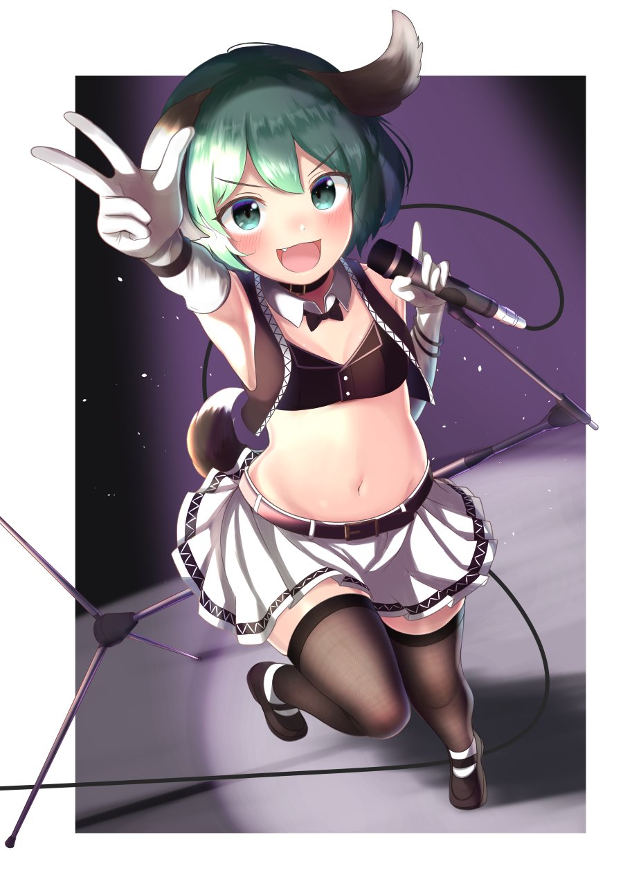 1girl animal_ears bangs black_footwear blush border brown_legwear commentary_request detached_collar dog_ears elbow_gloves eyebrows_visible_through_hair flat_chest full_body gloves gradient green_eyes green_hair hair_between_eyes highres holding holding_microphone kachikachipiroo kasodani_kyouko looking_at_viewer microphone microphone_stand midriff navel open_mouth outside_border short_hair solo standing thigh-highs touhou v v-shaped_eyebrows white_border white_gloves