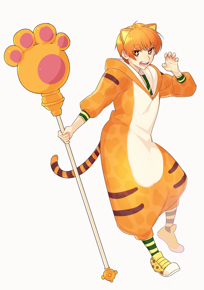 1girl animal_costume animal_ears animal_print bangs breasts claw_pose contrapposto fate/grand_order fate_(series) fujimura_taiga full_body holding holding_weapon jaguarman_(fate/grand_order) looking_at_viewer ne_dzumi orange_hair short_hair smile solo sparkling_eyes tail tiger_costume tiger_ears tiger_print tiger_tail weapon white_background