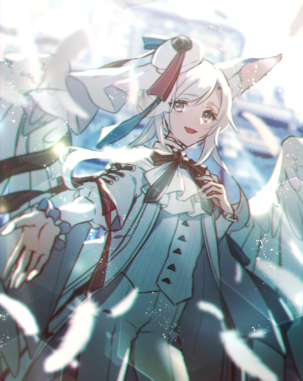 animal_ear_fluff animal_ears bangs black_ribbon blurry character_request commentary_request eyebrows_visible_through_hair eyelashes feathers from_below gender_request grey_eyes hand_up highres long_sleeves looking_at_viewer moe_(hamhamham) open_mouth outstretched_hand pants personification pokemon ribbon smile vest white_hair wings