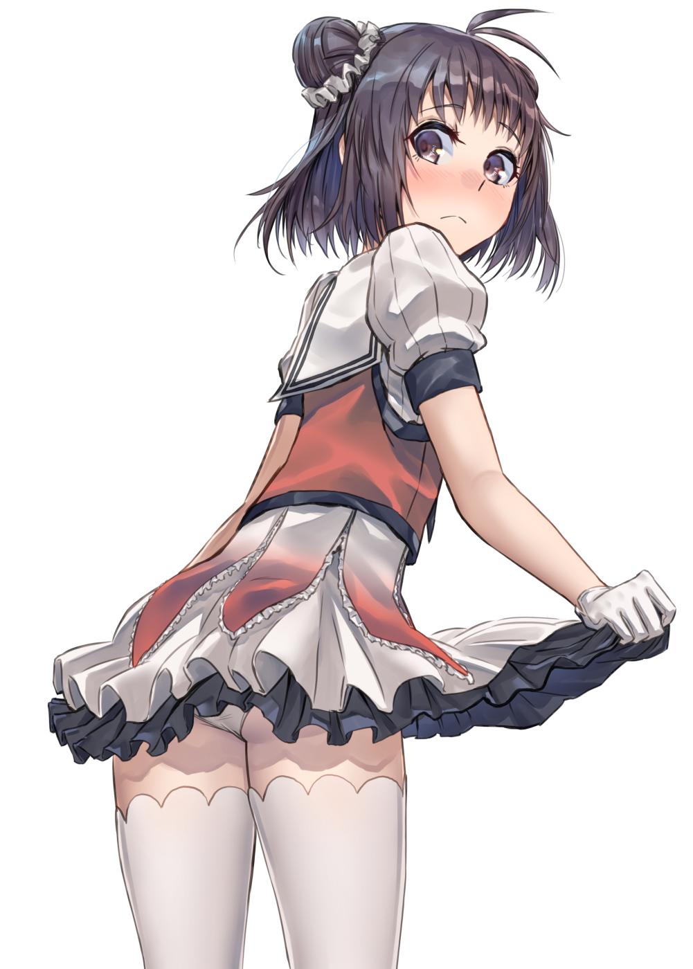 1girl antenna_hair ass blush brown_eyes brown_hair double_bun gloves highres kantai_collection lifted_by_self looking_at_viewer looking_back naka_(kantai_collection) panties puffy_short_sleeves puffy_sleeves remodel_(kantai_collection) short_hair short_sleeves simple_background skirt skirt_lift solo thigh-highs underwear white_background white_gloves white_legwear white_panties white_skirt zombie_mogura