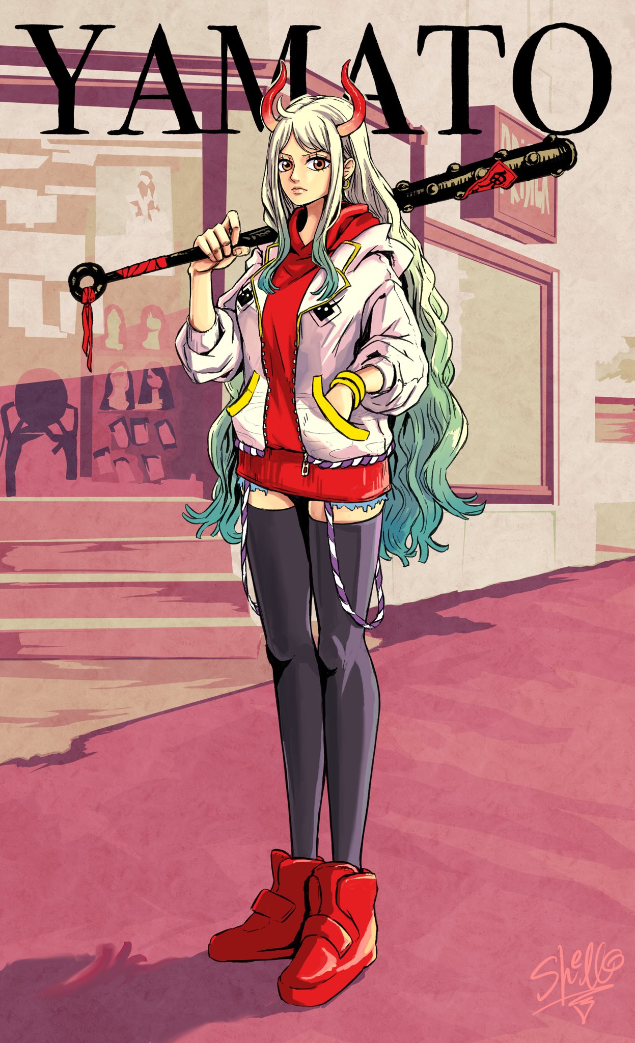 1girl alternate_costume black_legwear casual character_name closed_mouth club contemporary curled_horns cutoffs day earrings expressionless full_body green_hair hand_in_pocket hand_up highres holding holding_weapon hood hood_down hooded_jacket hoodie horns jacket jewelry kanabou lips long_hair long_sleeves looking_at_viewer microskirt multicolored_hair one_piece oni open_clothes open_jacket outdoors over_shoulder platinum_blonde_hair pocket red_horns sherumaru_(korcht06) shoes shorts shorts_under_skirt sidelocks signature skirt solo standing suspenders suspenders_hanging thigh-highs two-tone_hair unzipped very_long_hair weapon weapon_over_shoulder yamato_(one_piece) zipper zipper_pull_tab