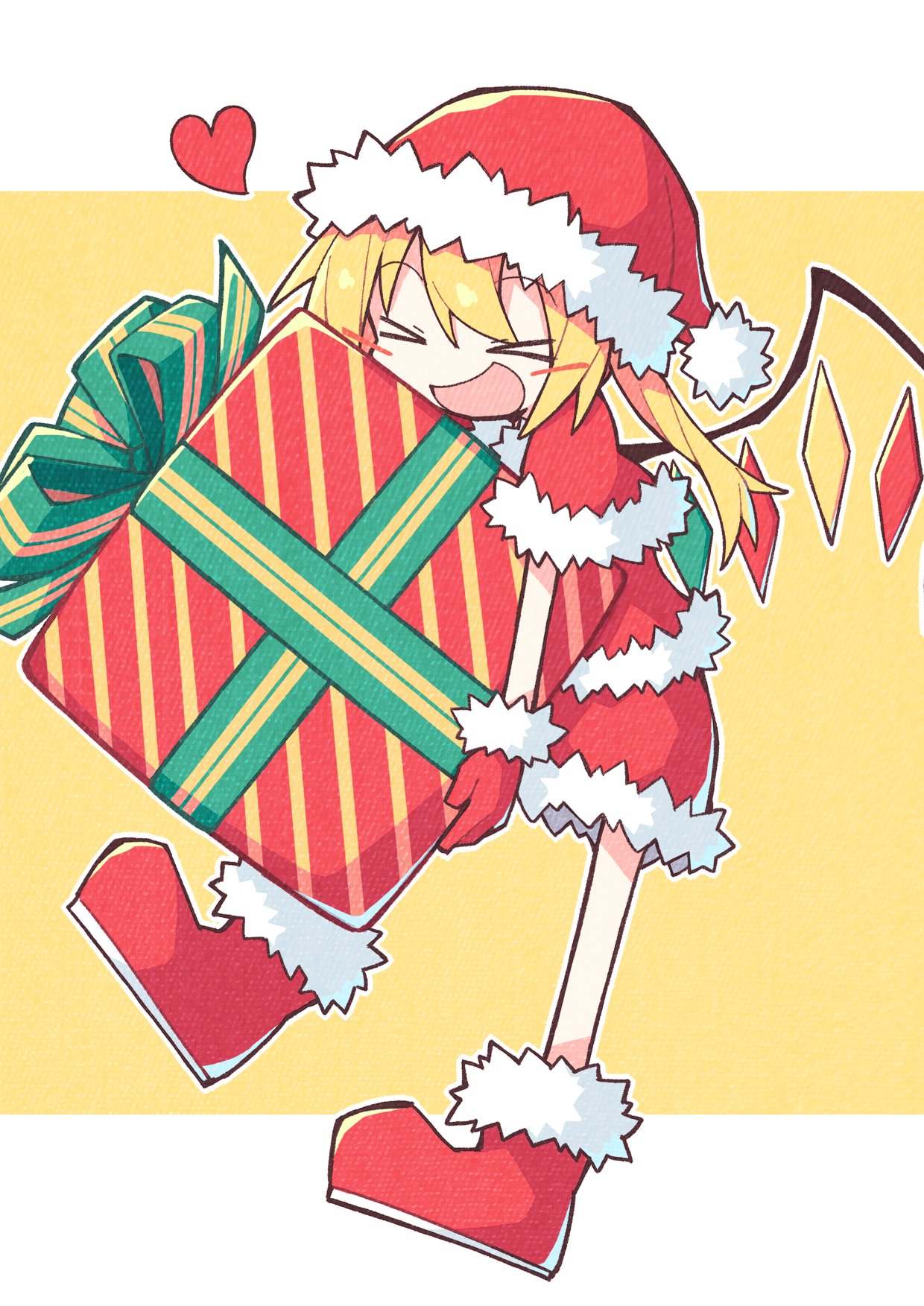 &gt;_&lt; 1girl :d asameshi bangs blonde_hair boots commentary crystal dress eyebrows_visible_through_hair flandre_scarlet fur-trimmed_boots fur-trimmed_dress fur-trimmed_headwear fur_trim gift hat heart highres holding holding_gift letterboxed long_hair open_mouth santa_costume santa_hat simple_background smile solo spoken_heart touhou white_background wings yellow_background