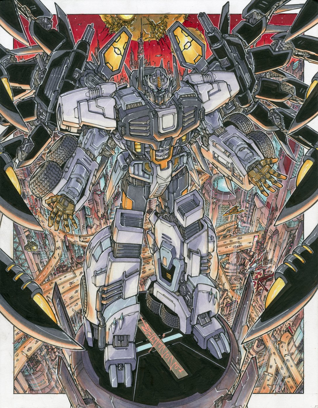 alex_milne autobot city commission cybertron english_commentary highres looking_at_viewer looking_up mecha mechanical_wings no_humans nova_prime open_hands science_fiction solo the_transformers_(idw) traditional_media transformers v-fin wings