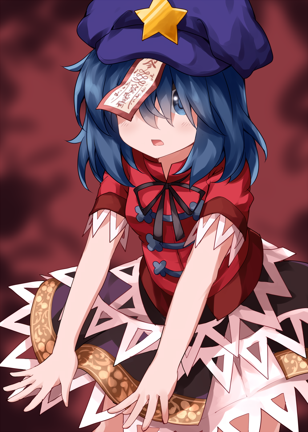 1girl bangs black_ribbon black_skirt blue_eyes blue_hair blue_headwear cabbie_hat chinese_clothes cowboy_shot eyebrows_visible_through_hair fang hair_between_eyes hair_over_eyes hat hat_ornament highres jiangshi medium_hair miyako_yoshika neck_ribbon ofuda open_mouth outstretched_arms red_shirt ribbon ruu_(tksymkw) shirt short_sleeves skirt solo standing star_(symbol) star_hat_ornament tangzhuang touhou zombie_pose