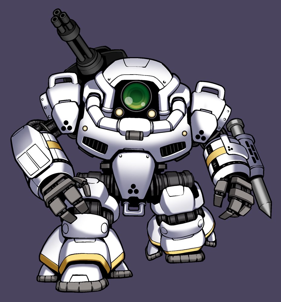 chibi gatling_gun green_eyes grey_background looking_at_viewer mecha nao_yuki one-eyed open_hands original pile_bunker science_fiction shoulder_cannon solo walking