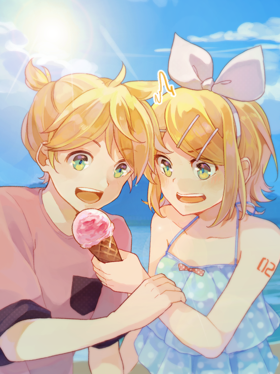 1boy 1girl ^^^ aqua_eyes bangs beach blonde_hair blue_dress bow commentary day dress eating food food_theft hair_bow hair_ornament hairclip hand_on_another's_arm highres ice_cream ice_cream_cone kagamine_len kagamine_rin keaifeng ocean open_mouth outdoors pink_shirt shirt short_hair short_ponytail shoulder_tattoo spiky_hair sun swept_bangs tattoo upper_body vocaloid white_bow