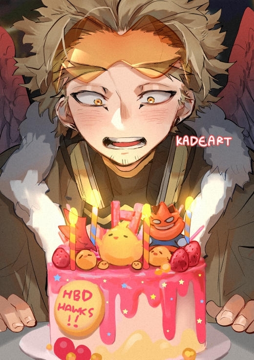 1boy artist_name birthday_cake blonde_hair blush boku_no_hero_academia cake candle candlelight commentary facial_hair food goggles goggles_on_head happy_birthday hawks_(boku_no_hero_academia) kadeart looking_down male_focus open_mouth red_wings short_hair smile solo todoroki_enji upper_body wings yellow_eyes