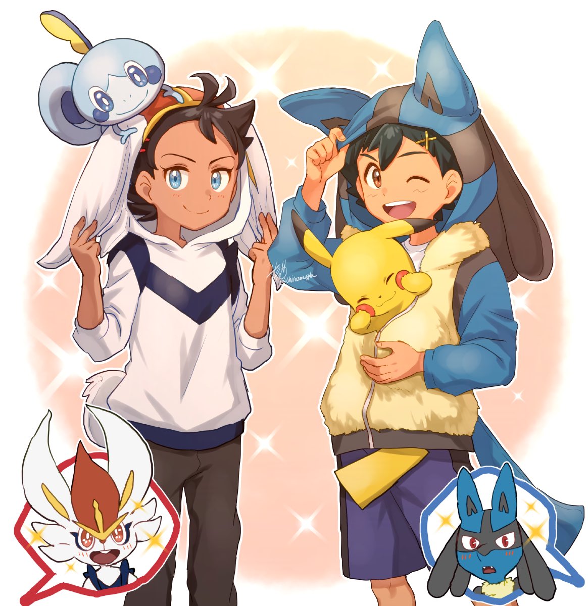 2boys antenna_hair ash_ketchum bangs black_hair blue_eyes blush brown_eyes brown_hair brown_pants chitozen_(pri_zen) cinderace closed_mouth eyelashes gen_1_pokemon gen_4_pokemon gen_8_pokemon goh_(pokemon) highres hood hood_up hoodie looking_at_viewer lucario male_focus multiple_boys on_head one_eye_closed pants pikachu pokemon pokemon_(anime) pokemon_(creature) pokemon_on_head pokemon_swsh_(anime) shirt shorts sleeves_past_elbows smile sobble symbol_commentary white_shirt