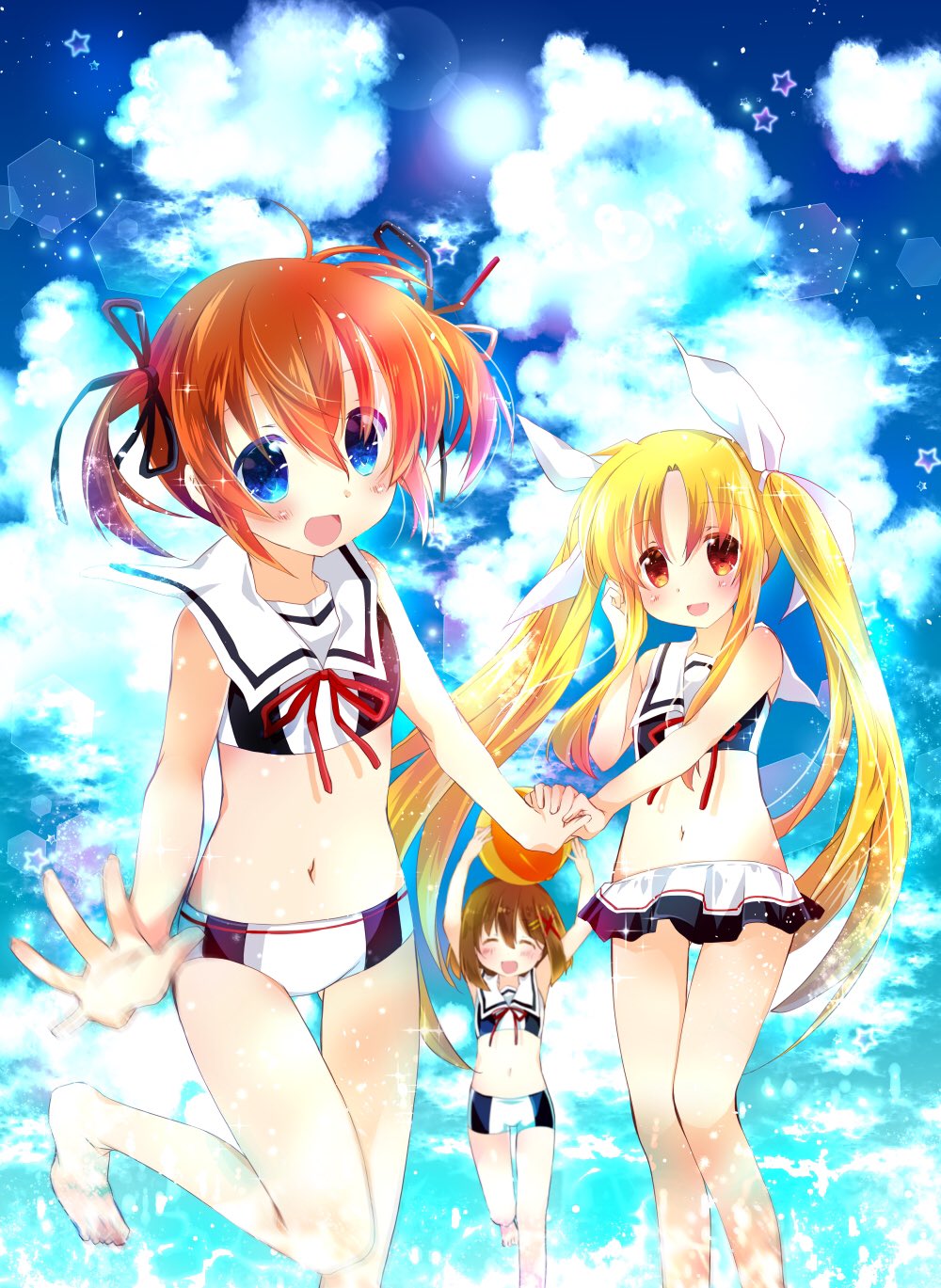 3girls adapted_uniform arms_up ball bangs barefoot beachball bikini_shorts bikini_skirt black_ribbon blonde_hair blue_eyes brown_hair closed_eyes clouds cloudy_sky commentary_request day fate_testarossa hair_ornament hair_ribbon hairclip hand_in_hair highres holding holding_ball holding_hands kanan_asuka lens_flare light_particles long_hair looking_at_viewer lyrical_nanoha mahou_shoujo_lyrical_nanoha mahou_shoujo_lyrical_nanoha_a's multiple_girls navel neck_ribbon open_mouth outdoors red_eyes red_neckwear ribbon sail short_hair short_twintails shorts sidelocks skirt sky smile sparkle splashing standing standing_on_one_leg star_(symbol) takamachi_nanoha thigh_gap twintails very_long_hair white_ribbon white_skirt yagami_hayate