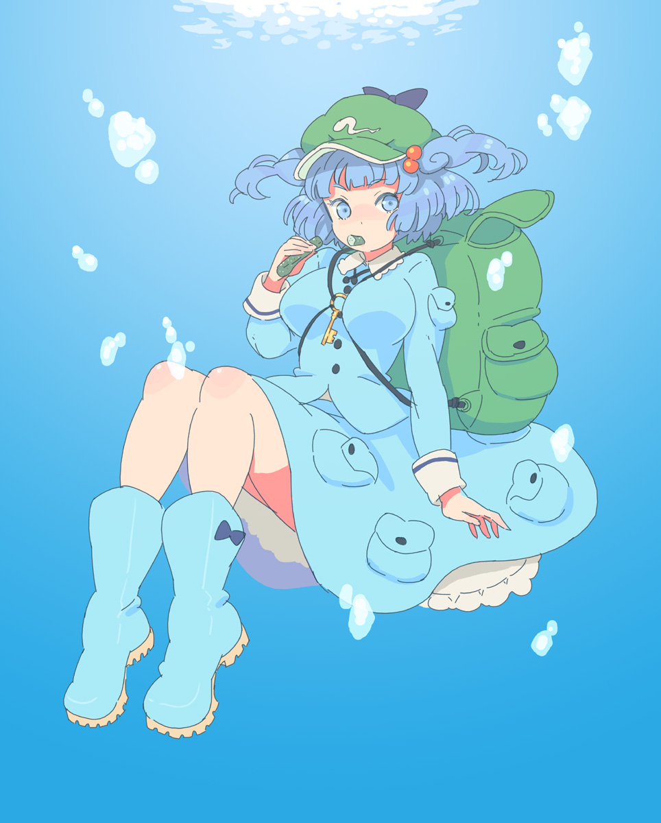 1girl air_bubble backpack bag bangs between_breasts blue_background blue_eyes blue_footwear blue_hair blue_shirt blue_skirt blue_theme blunt_bangs boots breasts bubble buttons collared_shirt commentary_request cucumber eating eyebrows_visible_through_hair flat_cap floating_hair food frilled_shirt_collar frills full_body green_bag green_headwear hair_bobbles hair_ornament hat highres hitodama_print holding holding_food jean_(jean_sp) kawashiro_nitori key large_breasts long_sleeves looking_at_viewer mouth_hold petticoat pocket rubber_boots shirt short_twintails sidelocks skirt skirt_set sleeve_cuffs solo submerged touhou twintails underwater